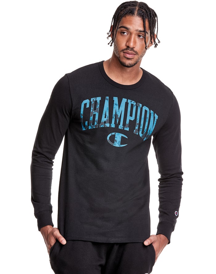 Champion Heritage Long Sleeve Galaxy Dye Arch Logo Erkek Tişört Siyah ( UIYSZA649 )